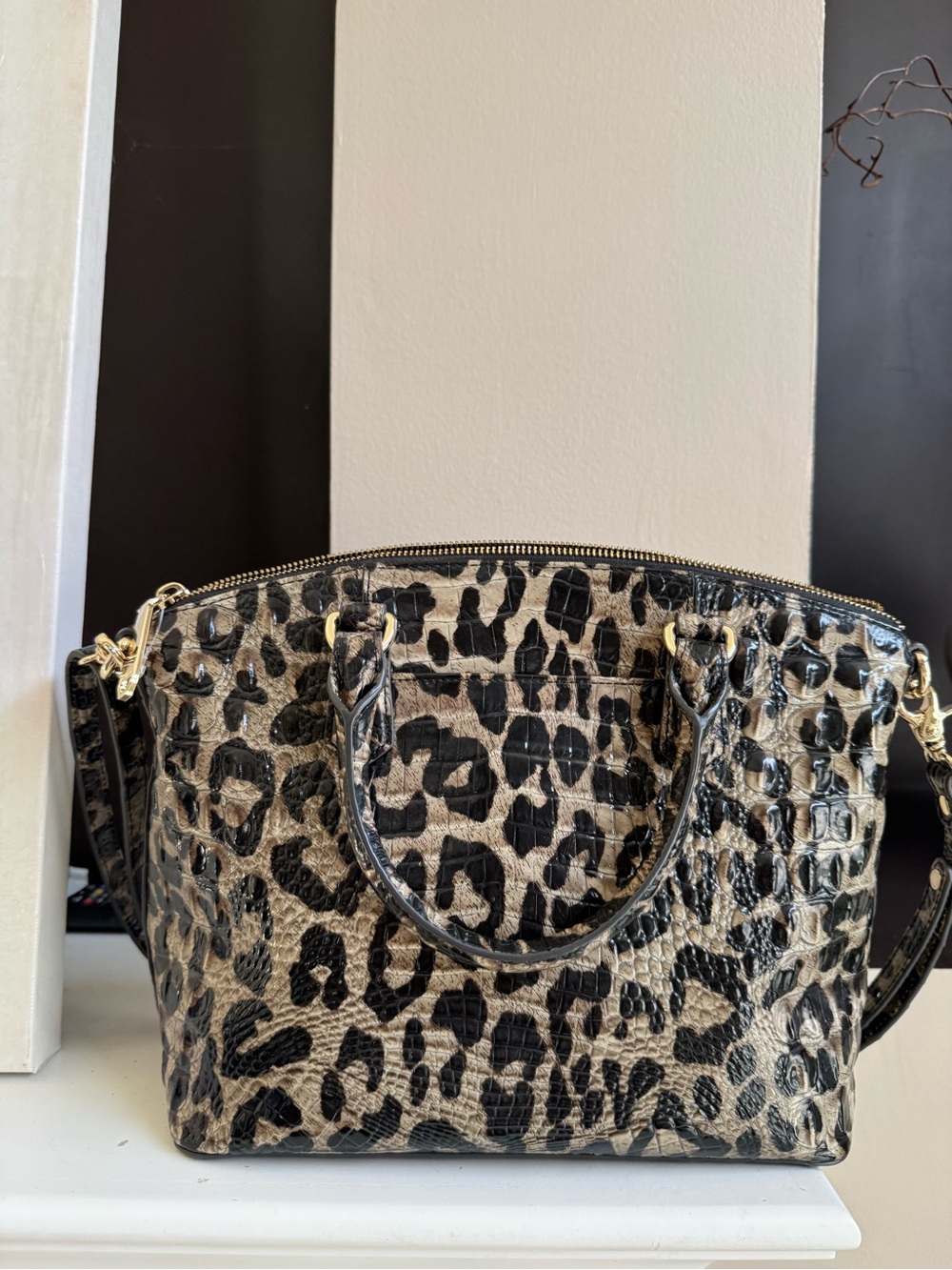 Brahmin Leopard-Print Satchel in Black and Cream - Picture 4 of 7